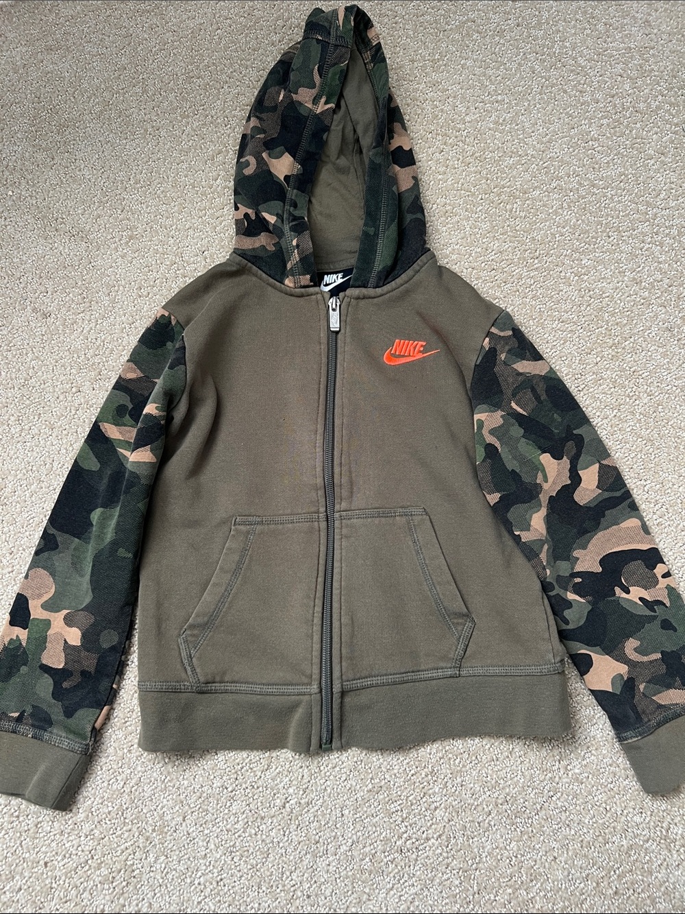 Nike Kids Olive & Camo Zip Hoodie with Orange Logo